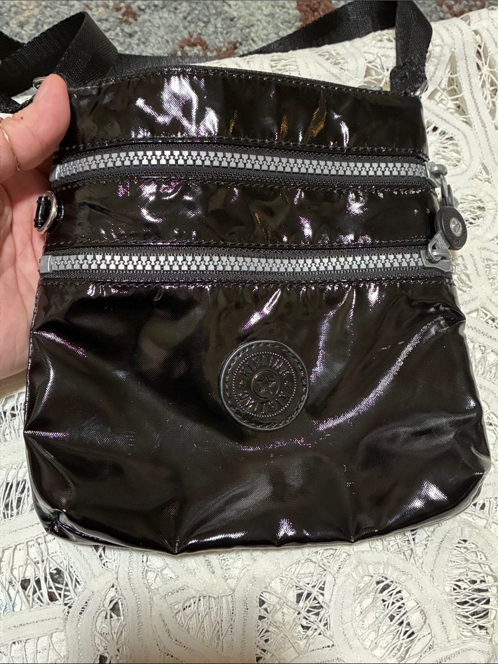 Kipling Shiny Black Nylon Small Crossbody Bag